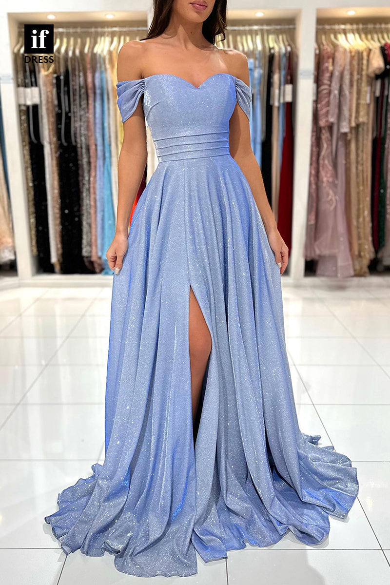 34074 - A Line Off the Shoulder Side Split Sparkly Prom Dress Formal Gown
