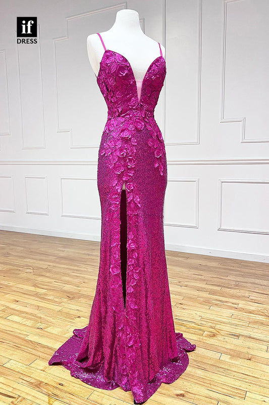 34075 - Plunging V-Neck 3D Appliques Sparkly Prom Dress with Slit