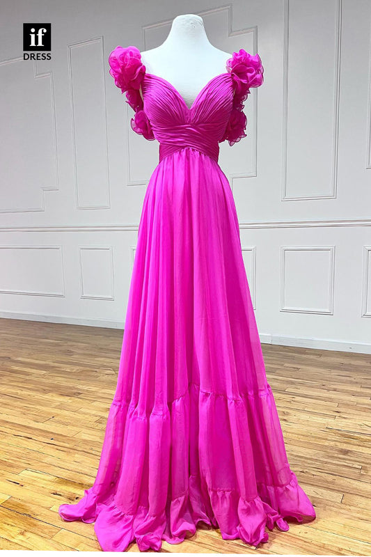 34076 - A Line V-Neck Ruffles Pink Long Prom Dress
