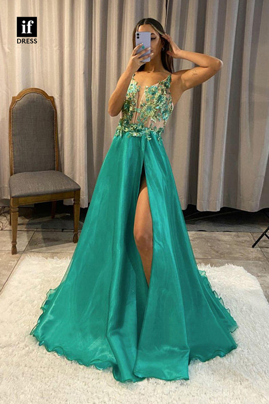 34080 - Attractive V-neck Appliques A Line Long Prom Dress with Slit