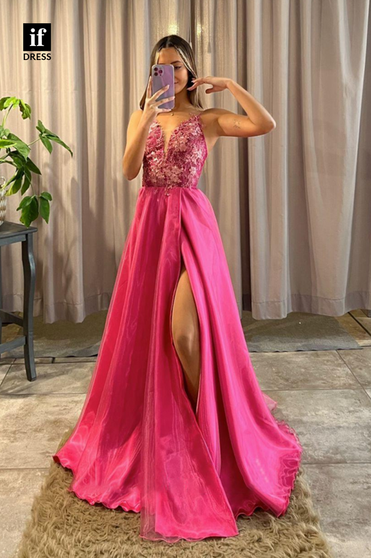 34081 - A Line V-Neck Lace Appliques Pink Long Prom Dress with Slit
