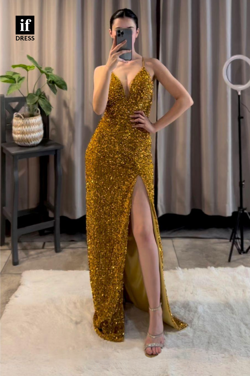 34087 - Sexy V-Neck Sequins High Split Sparkly Prom Dress