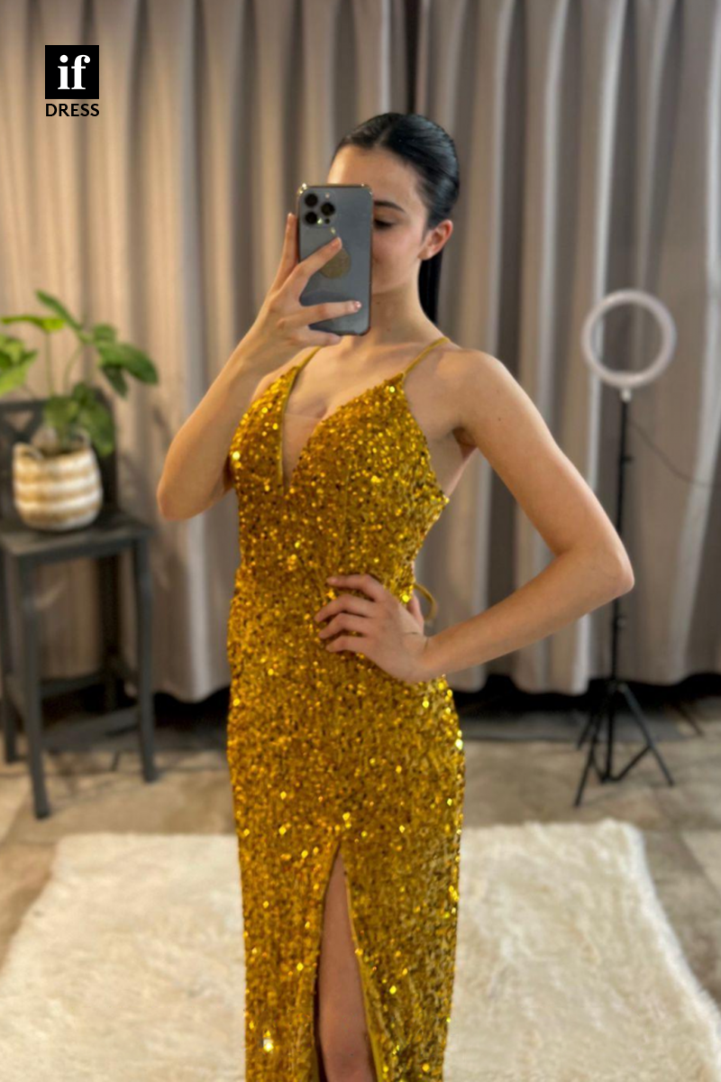 34087 - Sexy V-Neck Sequins High Split Sparkly Prom Dress
