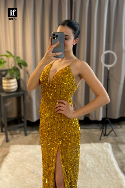 34087 - Sexy V-Neck Sequins High Split Sparkly Prom Dress