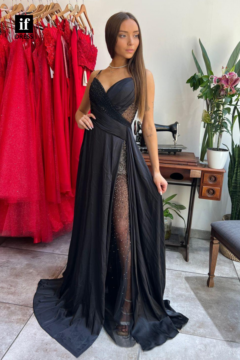 34088 - Sexy V-Neck Pleats Black Long Prom Dress with Slit
