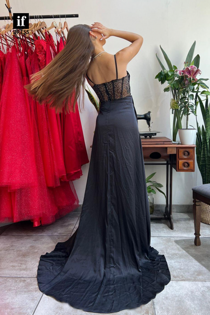 34088 - Sexy V-Neck Pleats Black Long Prom Dress with Slit
