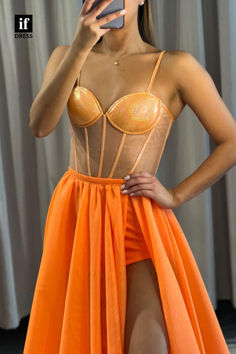 34089 - A Line Spaghetti Straps High Split Long Prom Dress with Detachable Skirt