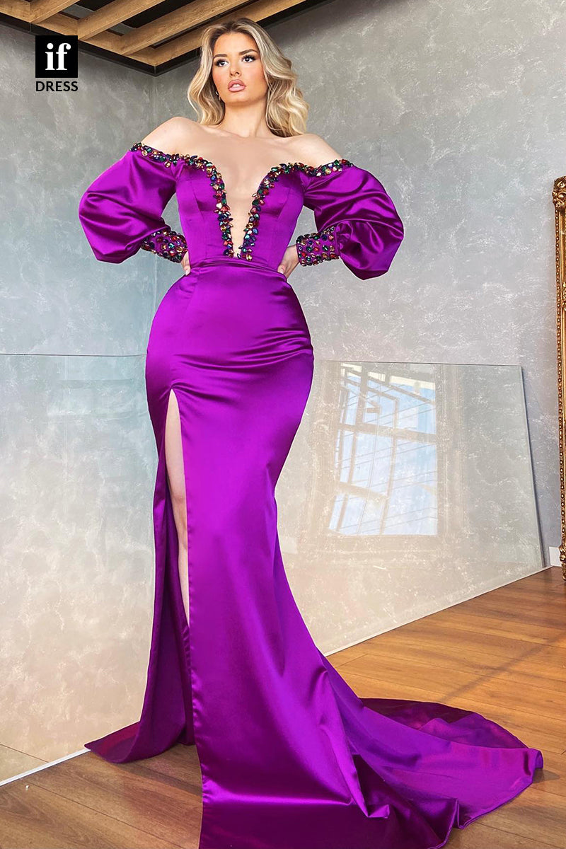 31859 - Illusion Plunging V-Neck Beads Long Sleeves Formal Evening Dress