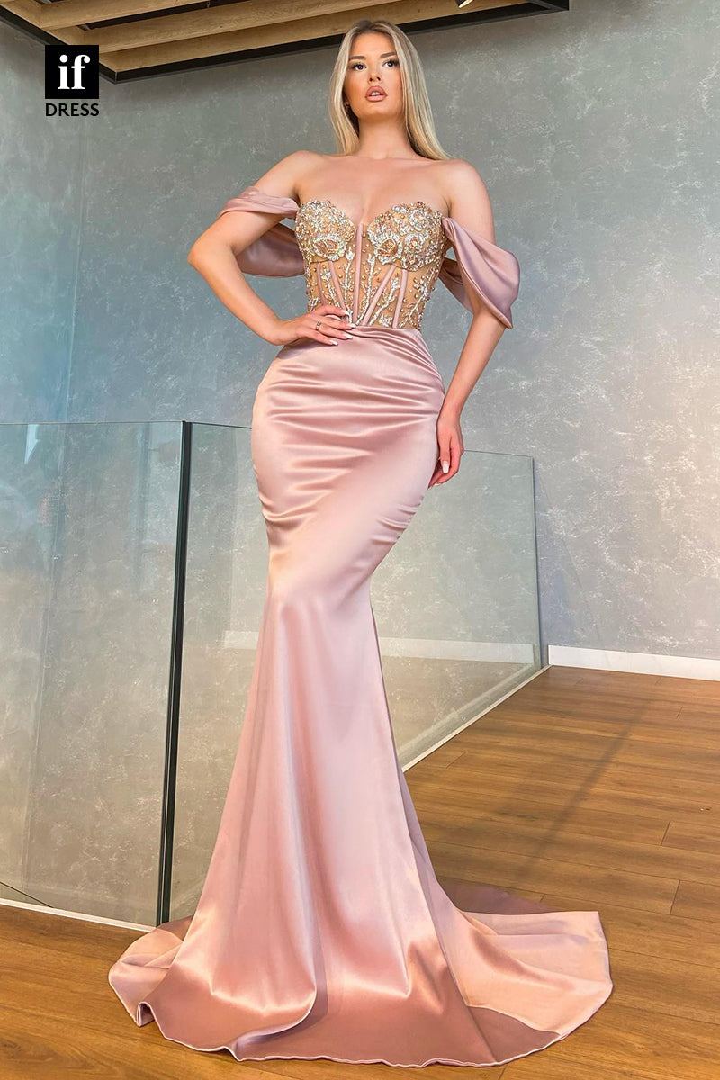 31864 - Sweetheart Illusion Top Beads Long Prom Dress Formal Evening Gowns