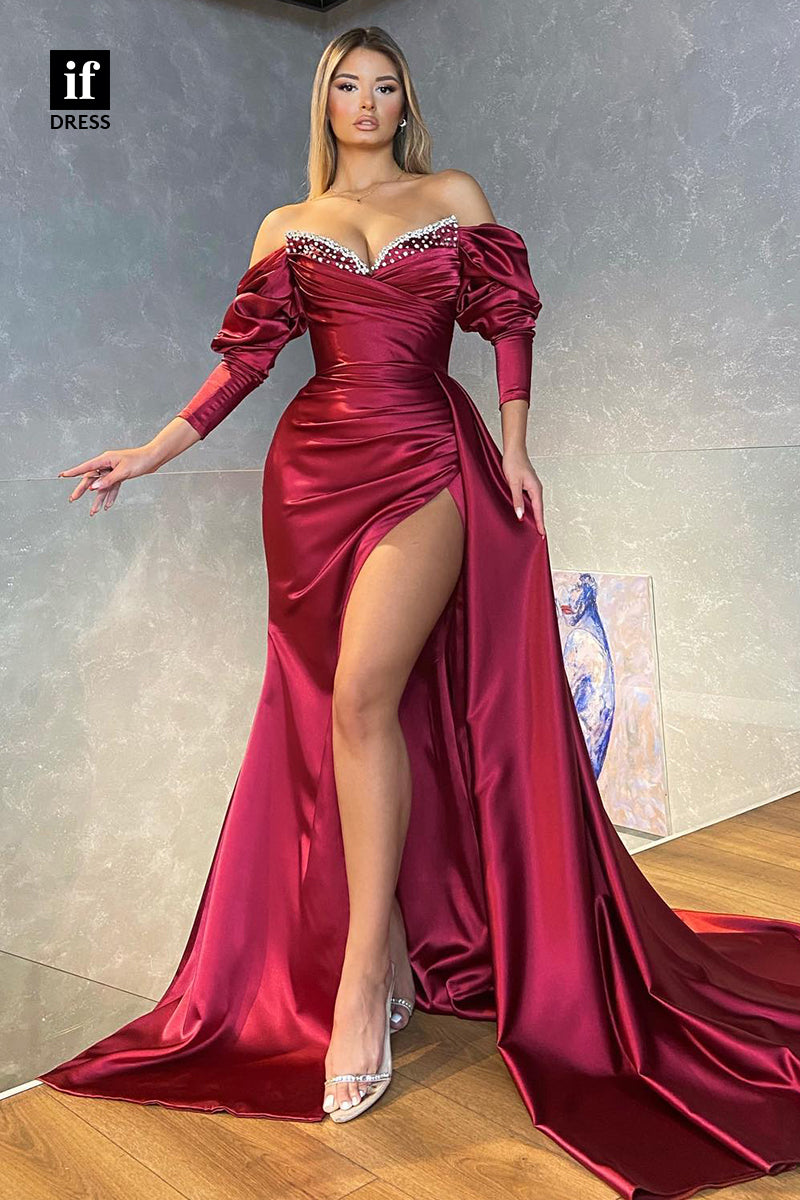 31871 - Sexy V-Neck Beads Long Sleeves Prom Formal Dress with Slit