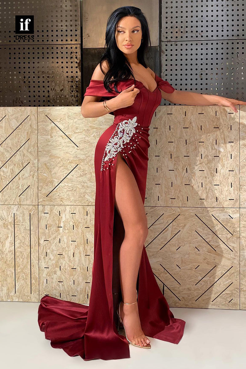 31876 - Unique Off the Shoulder Pleast Burgundy Prom Dress with Slit Formal Evening Gown