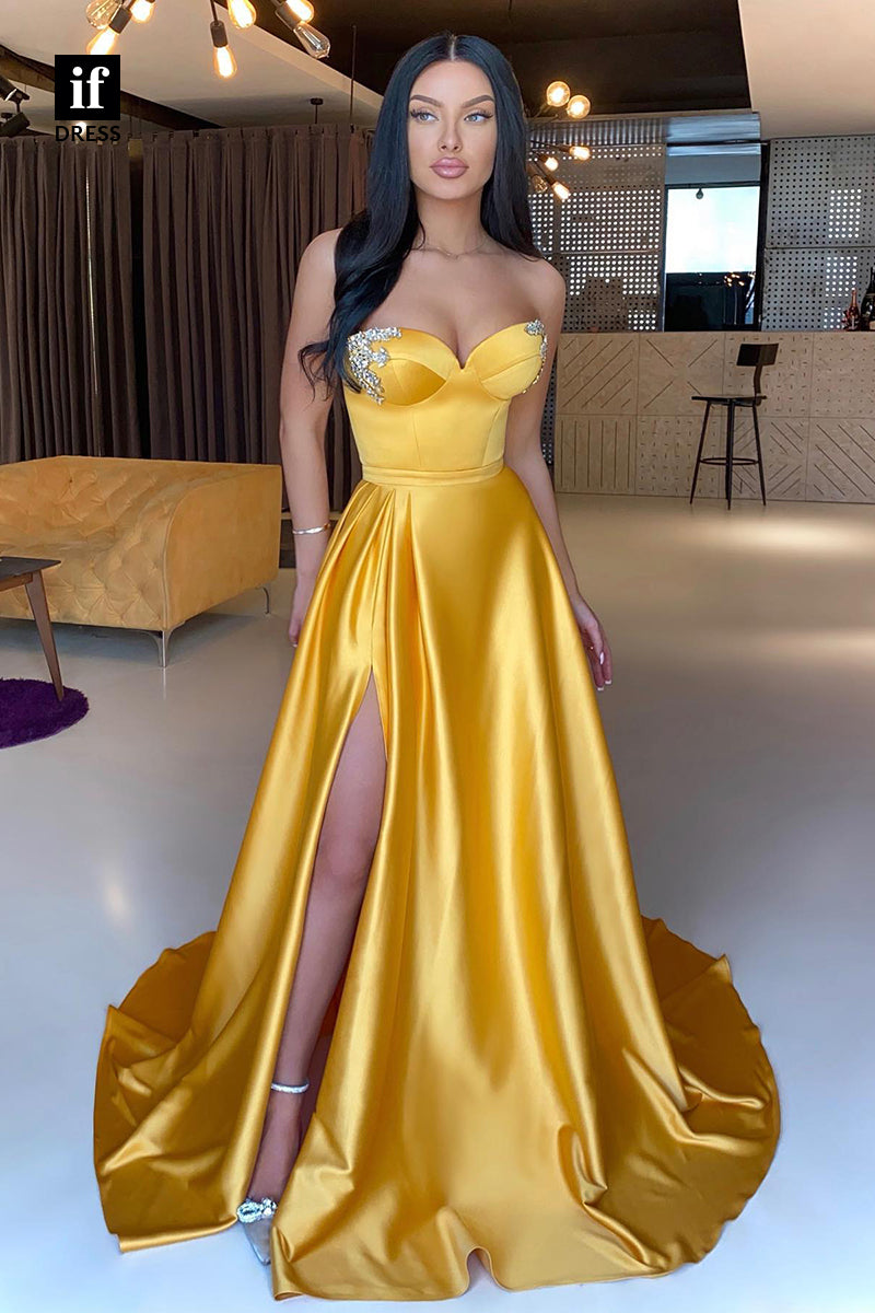 31886 - A-line Sweetheart Beads Yellow Prom Dress with Slit Long Formal Evening Dress