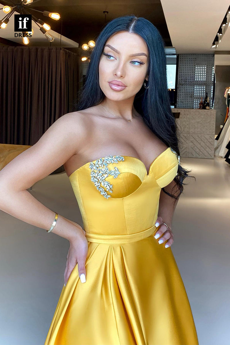 31886 - A-line Sweetheart Beads Yellow Prom Dress with Slit Long Formal Evening Dress