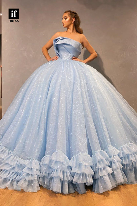 30800 - Strapless Pleats Blue Sleeveless Sparkly Prom Ball Gown