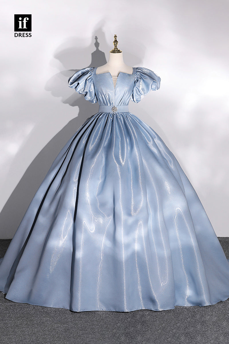 30801 - Ball Gown Square Neckline Short Sleeves Long Sparkly Formal Evening Dress|ifdress