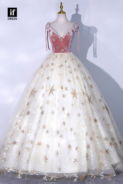 30802 - Sexy V-Neck Star Tulle Prom Ball Gown Sparkly Formal Evening Dress|IFDRESS