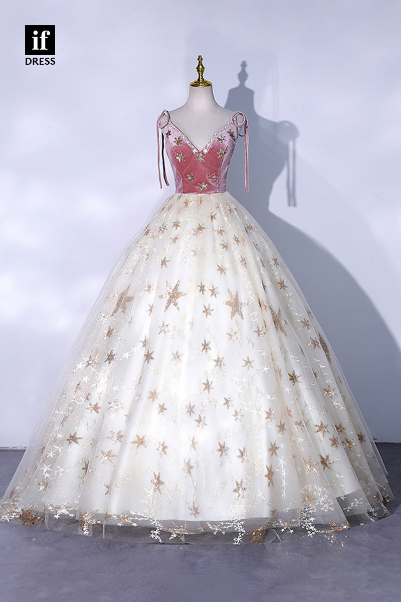 30802 - Sexy V-Neck Star Tulle Prom Ball Gown Sparkly Formal Evening Dress|IFDRESS
