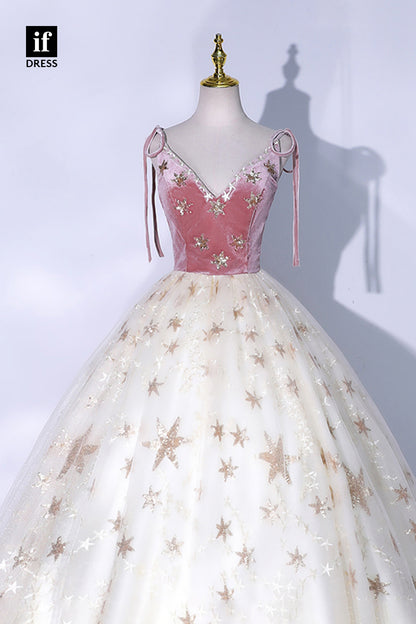 30802 - Sexy V-Neck Star Tulle Prom Ball Gown Sparkly Formal Evening Dress|IFDRESS