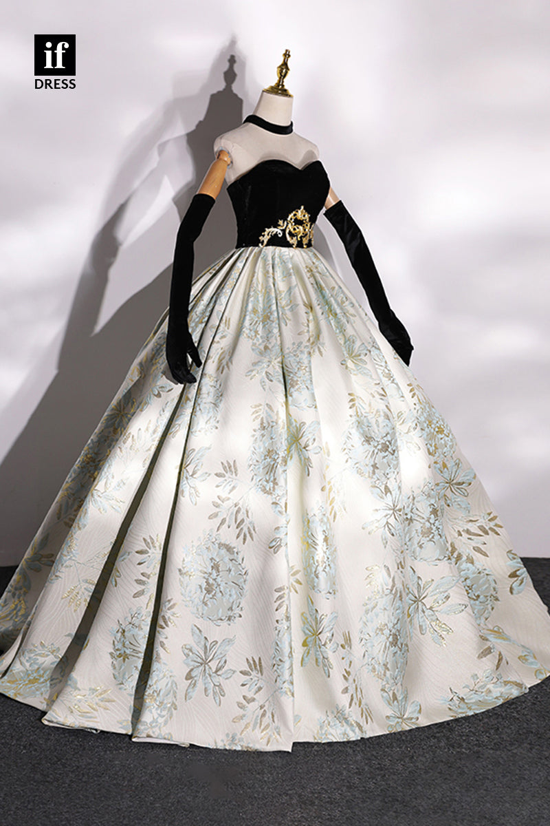 30803 - Sweetheart Gold Appliques Lace Long Prom Ball Gown|IFDRESS
