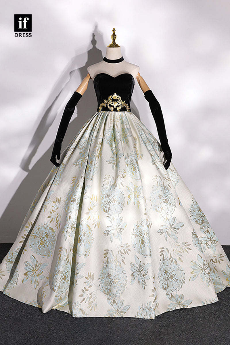 30803 - Sweetheart Gold Appliques Lace Long Prom Ball Gown|IFDRESS