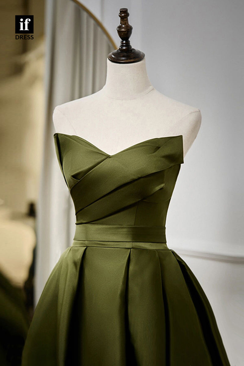 30804 - A-line Sexy V-Neck Pleats Dark Green Satin Long Prom Dress|IFDRESS