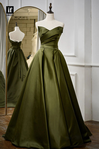 30804 - A-line Sexy V-Neck Pleats Dark Green Satin Long Prom Dress|IFDRESS