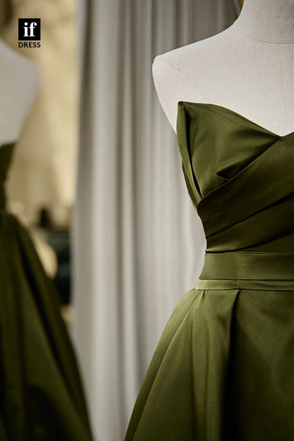 30804 - A-line Sexy V-Neck Pleats Dark Green Satin Long Prom Dress|IFDRESS