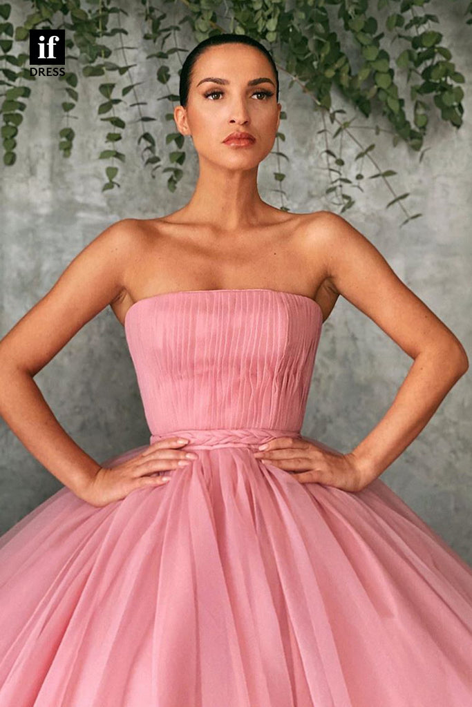 30816 - Unique Strapless Tulle Pleats Pink Quinceanera Dress Long Prom Ball Gown|IFDRESS