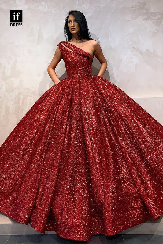 30818 - One Shoulder Sparkly Burgundy Prom Ball Gown with Pockets|IFDRESS