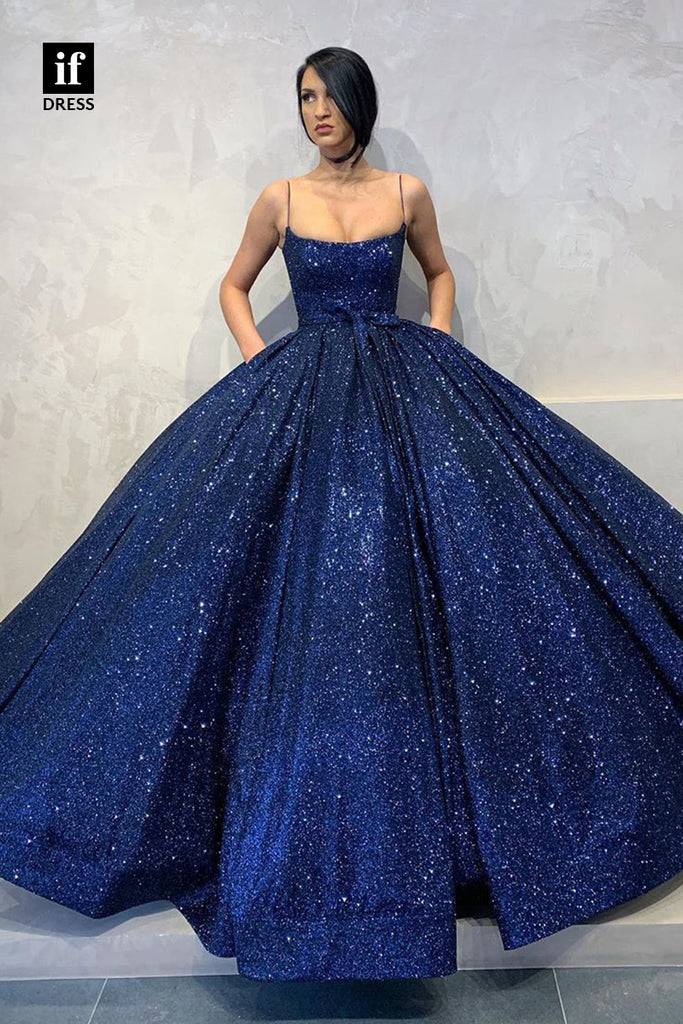 30819 - Women's Spaghetti Straps Navy Sparkly Prom Ball Gown with Pockets|IFDRESS