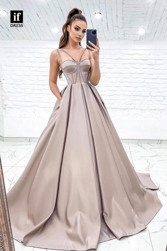 30823 - Women's Spaghetti Straps Satin Simple Prom Ball Gown with Pockets|IFDRESS