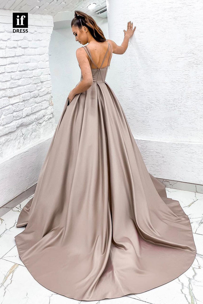 30823 - Women's Spaghetti Straps Satin Simple Prom Ball Gown with Pockets|IFDRESS