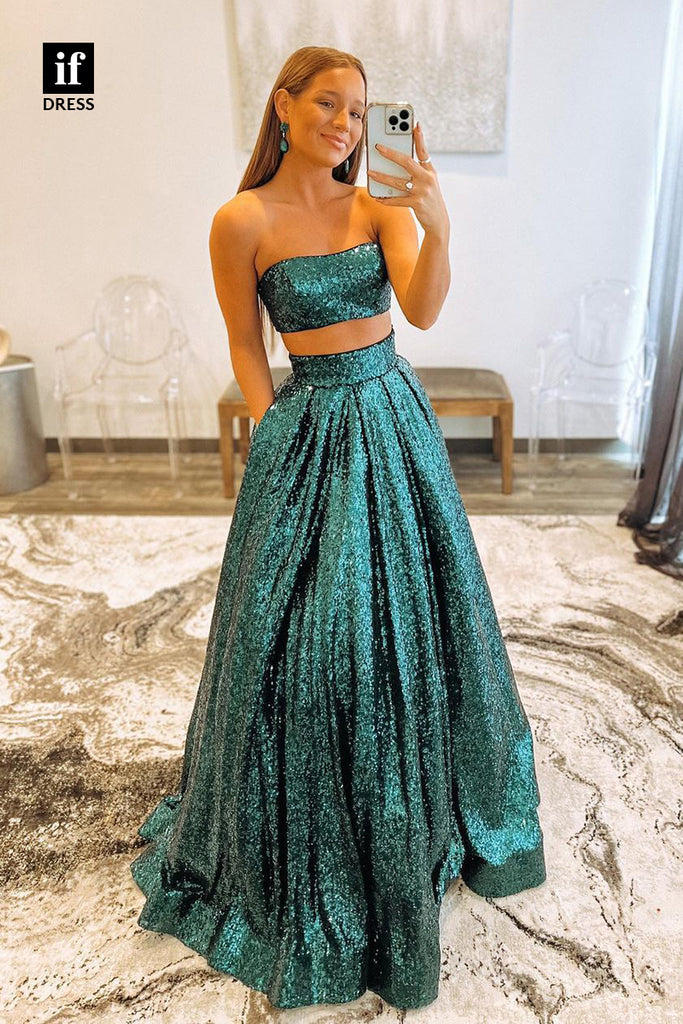 30826 - Strapless Green Sequins Two-Piece Prom Dress with Pockets|IFDRESS