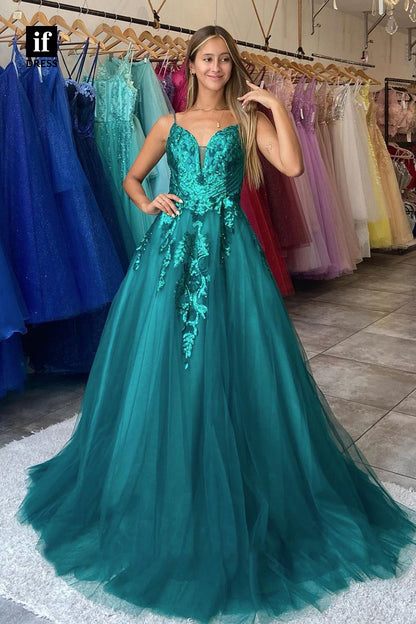 30831 - Women's Spaghetti Straps Lace Appliques Long Prom Dress|IFDRESS