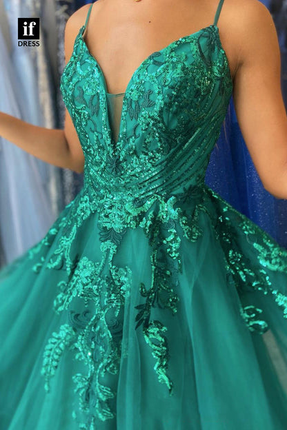 30831 - Women's Spaghetti Straps Lace Appliques Long Prom Dress|IFDRESS
