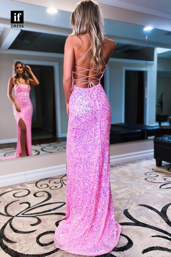 30832 - Women's Spaghetti Straps Pink Sequins Sparkly Prom Dress with Slit|IFDRESS