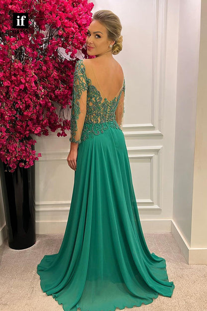 30836 - Unique Scoop Beads Long Sleeves Formal Evening Dress Green Mother of the Bride Dress|IFDRESS