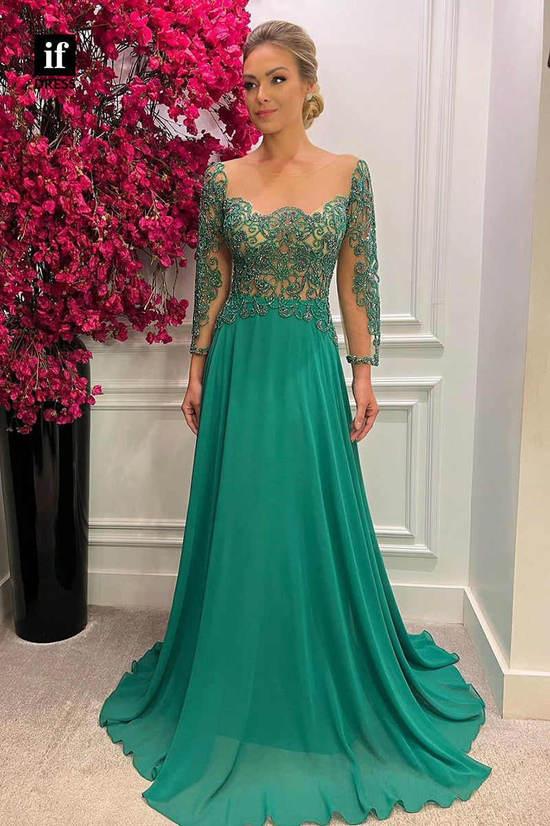 30836 - Unique Scoop Beads Long Sleeves Formal Evening Dress Green Mother of the Bride Dress|IFDRESS