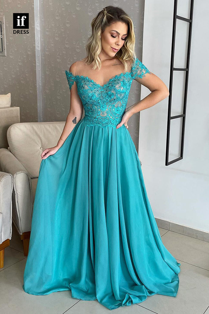 30872 - Illusion Off Shoulder Lace Appliques Long Formal Evening Dress|IFDRESS