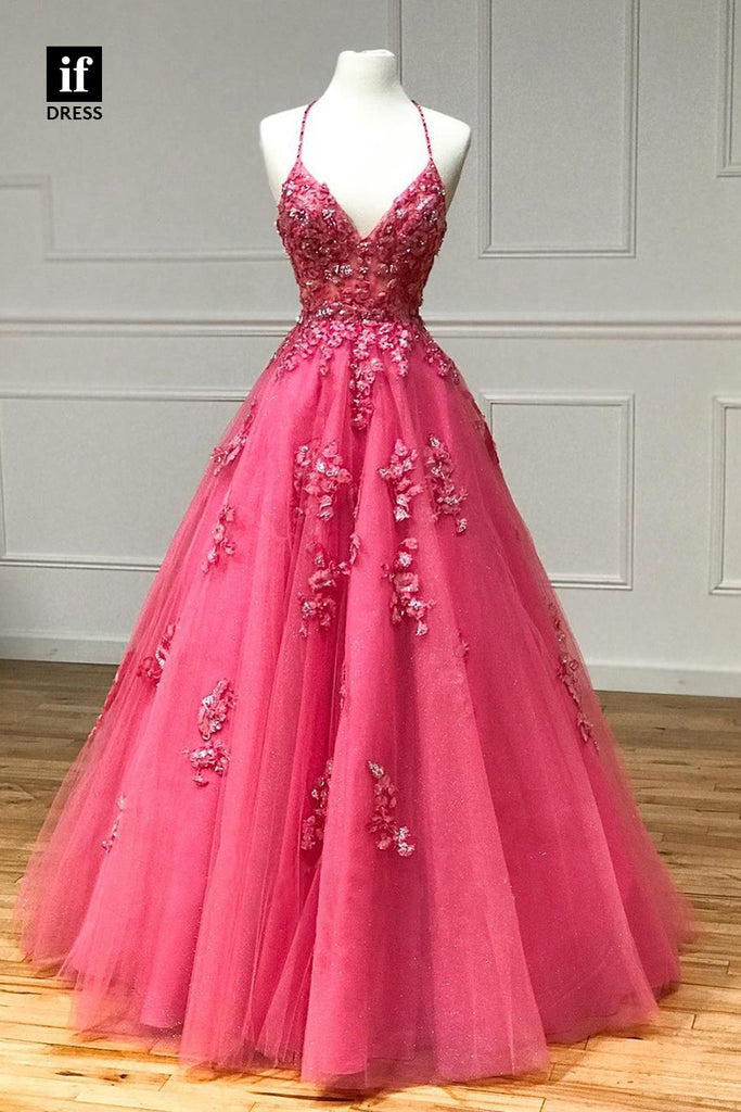 30874 - Plunging V-Neck Lace Appliques Pink Long Prom Dress for Teens|IFDRESS