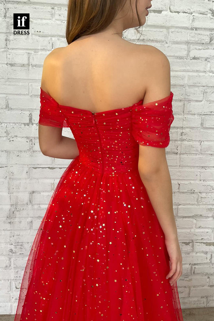 30877 - Off the Shoulder Red Sparkly Prom Dress with Pockets|IFDRESS