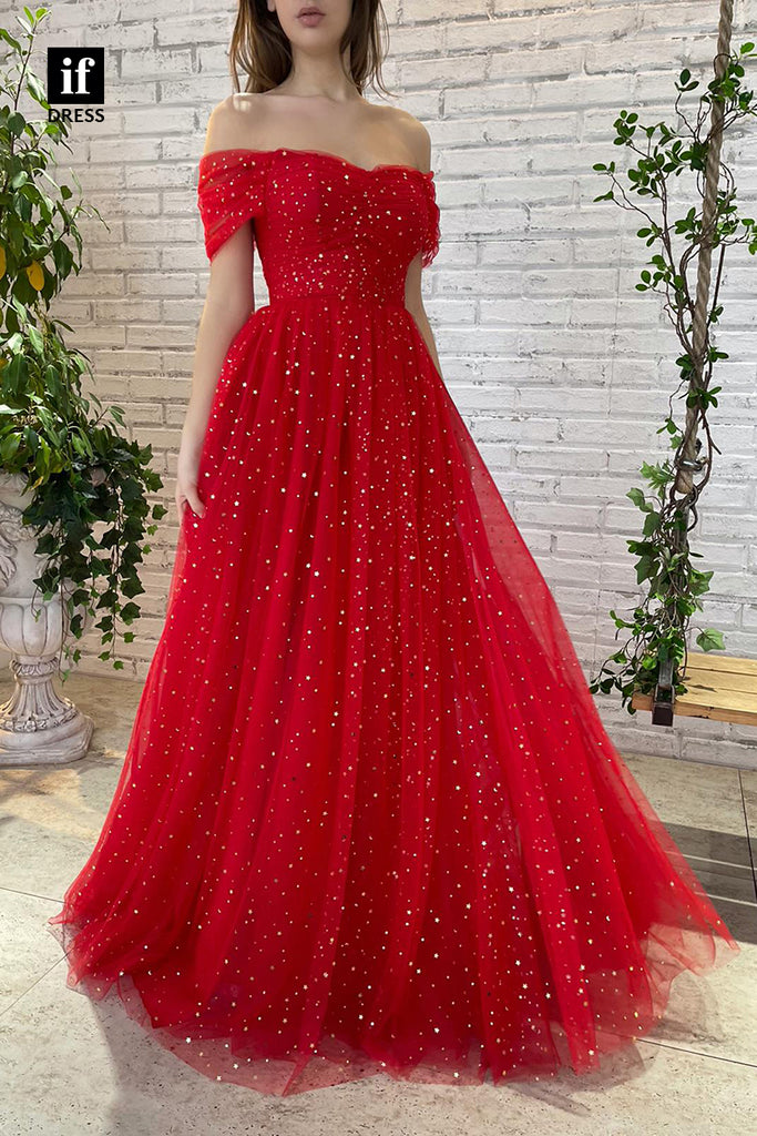 30877 - Off the Shoulder Red Sparkly Prom Dress with Pockets|IFDRESS