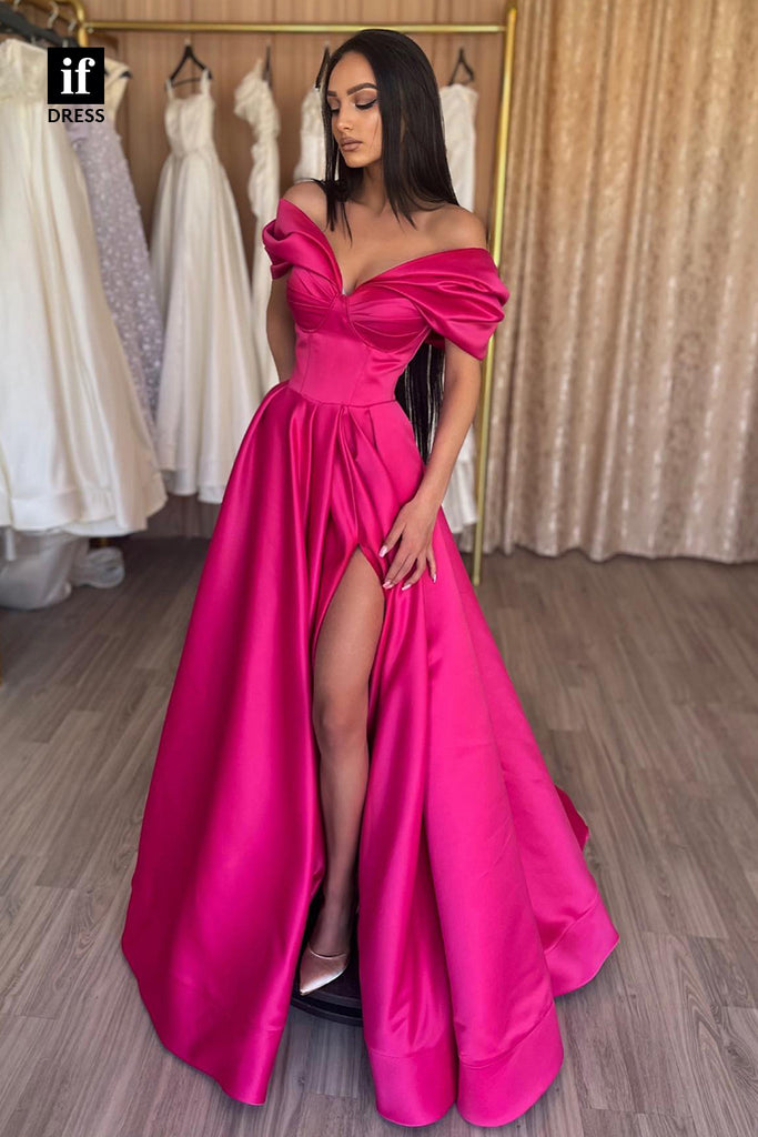 30883 - Unique Cap Sleeves High Split Fuchsia Formal Evening Dress Long Prom Dress|IFDRESS