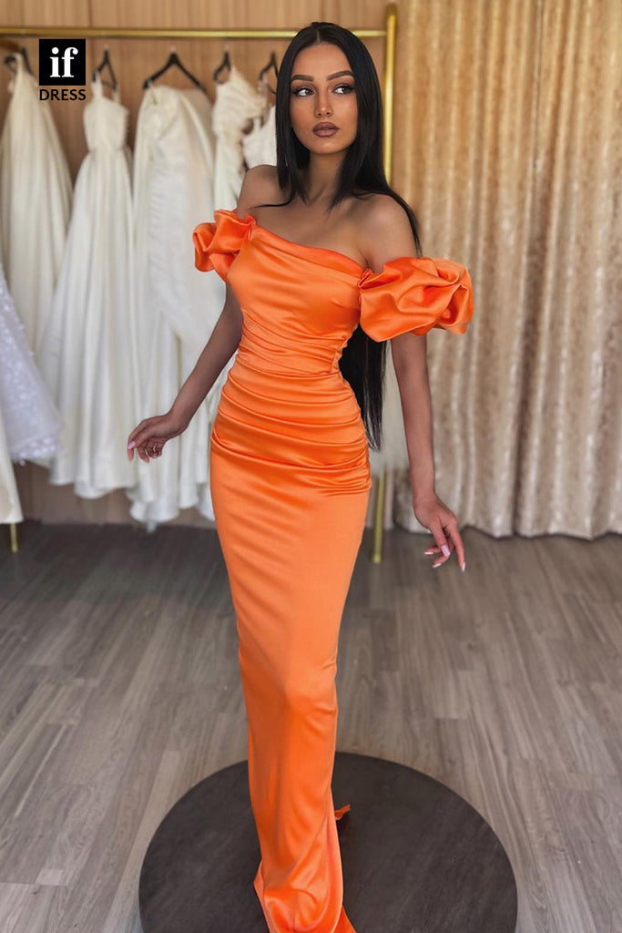 30889 - Off the Shoulder Pleats Orange Formal Evening Dress Long Prom Gown|IFDRESS