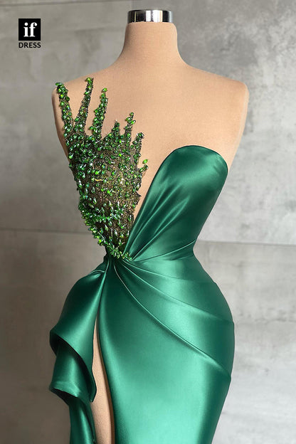 30913 - Plunging V-Neck Beads Strapless  High Slit Long Prom Formal Evening Dress
