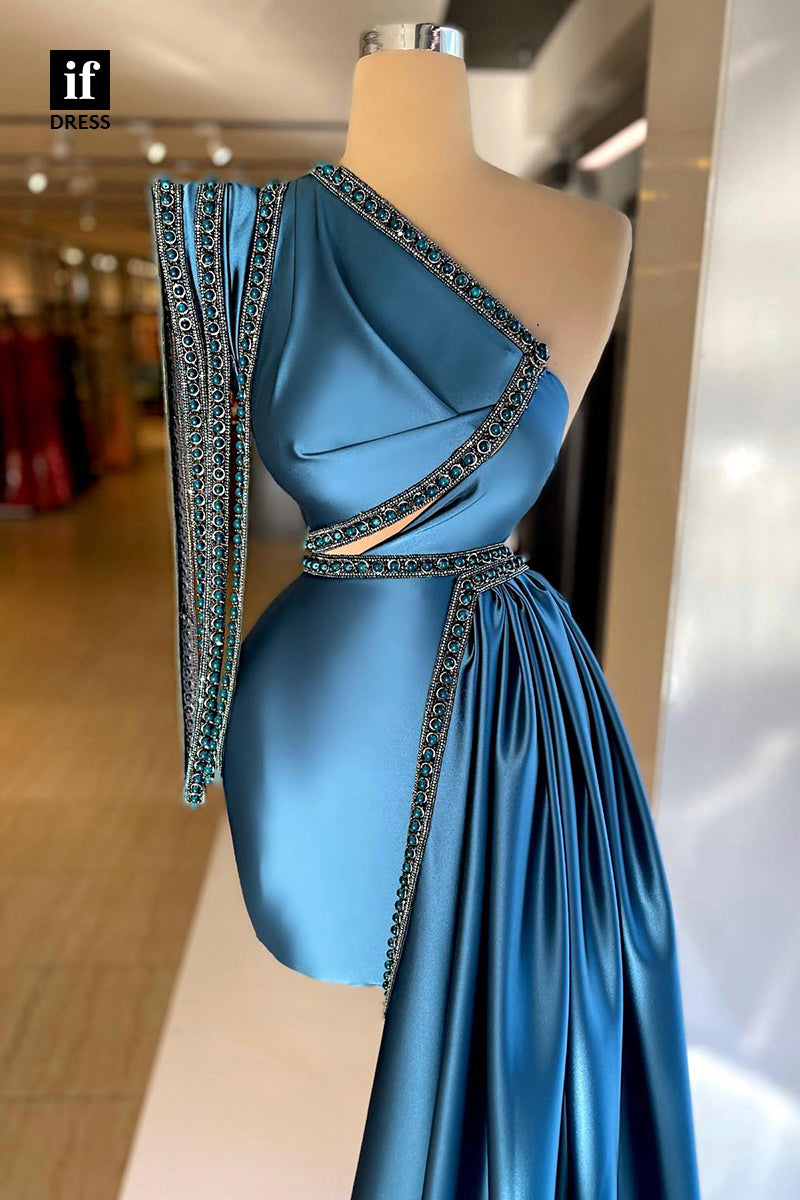 30914 - Unique One Shoulder Beads Blue Formal Evening Gowns