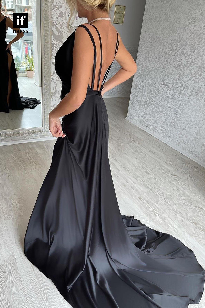 30926 - Plunging V-Neck Pleats Black Formal Evening Gown