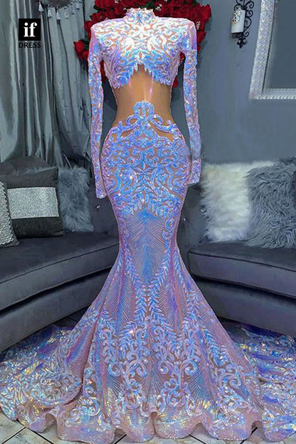 30940 - Chic High Neckline Sequins Appliques Long Sleeves Prom Dress Black Girls Slay