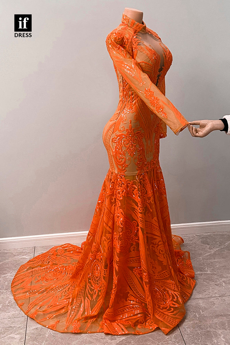30941 - Unique High Neckline Long Sleeves Black Girl Prom Dress