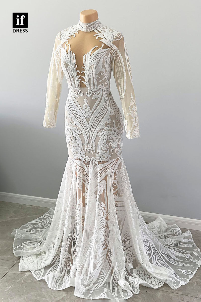 30941 - Unique High Neckline Long Sleeves Black Girl Prom Dress